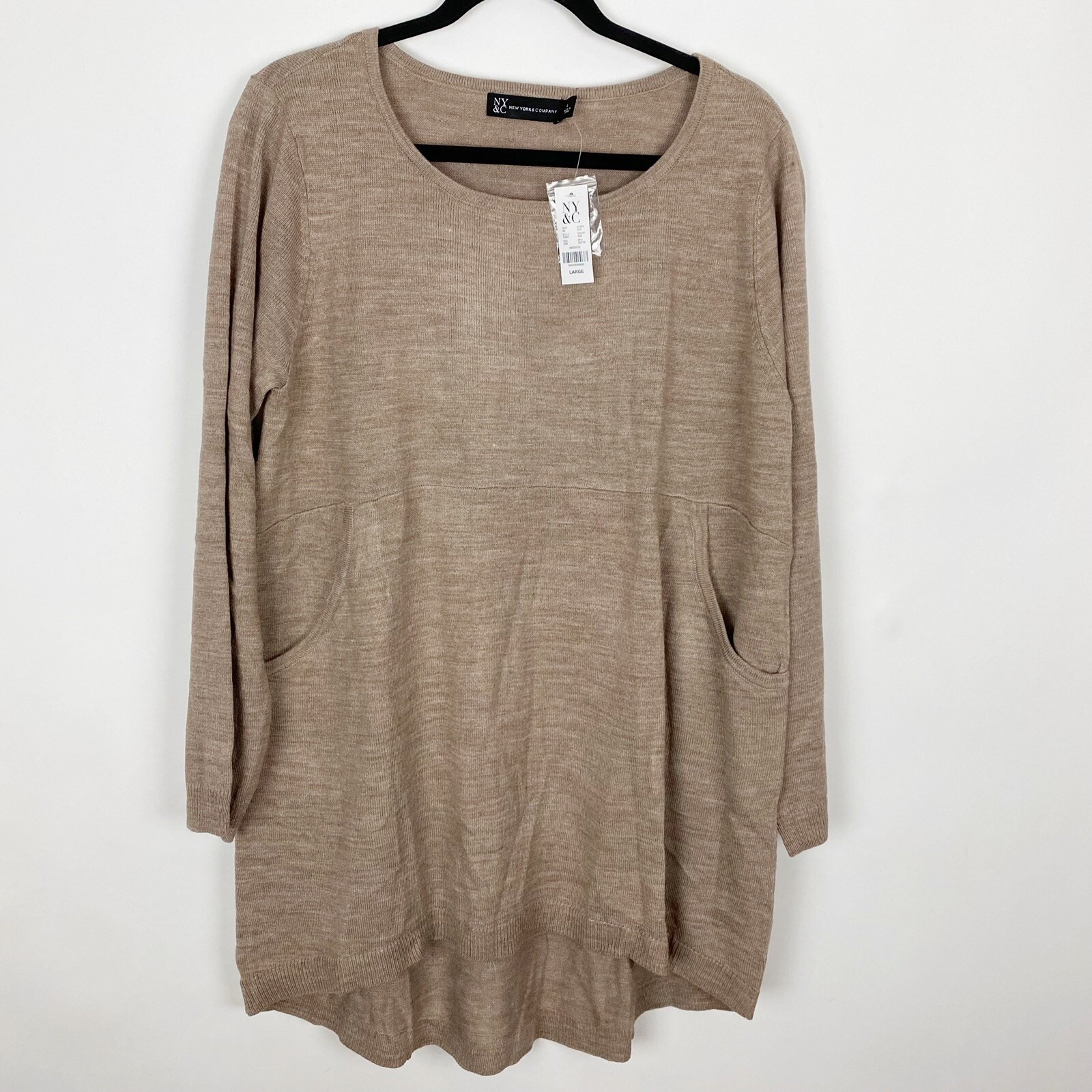 New York & Company Pockets High Low Hem Tunic Sweater Womens Large Tan